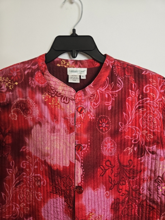Coldwater Creek Jackets & Blazers - Coldwater Creek Red Floral Quilted Silk Shacket - Mandarin Collar Women's Size L